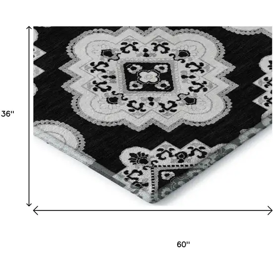 Black And Ivory Medallion Washable Area Rug With UV Protection Photo 9