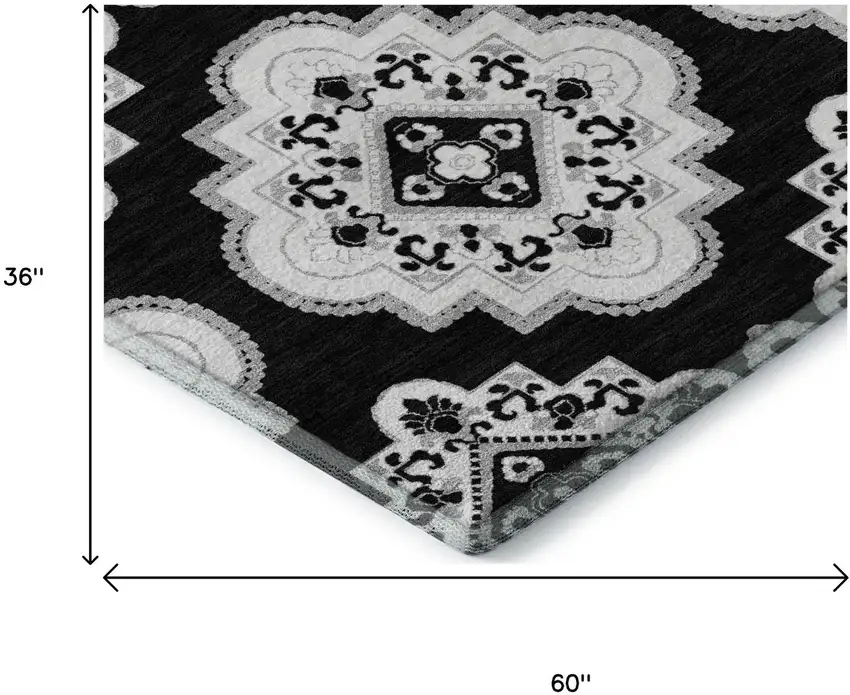 Black And Ivory Medallion Washable Area Rug With UV Protection Photo 9