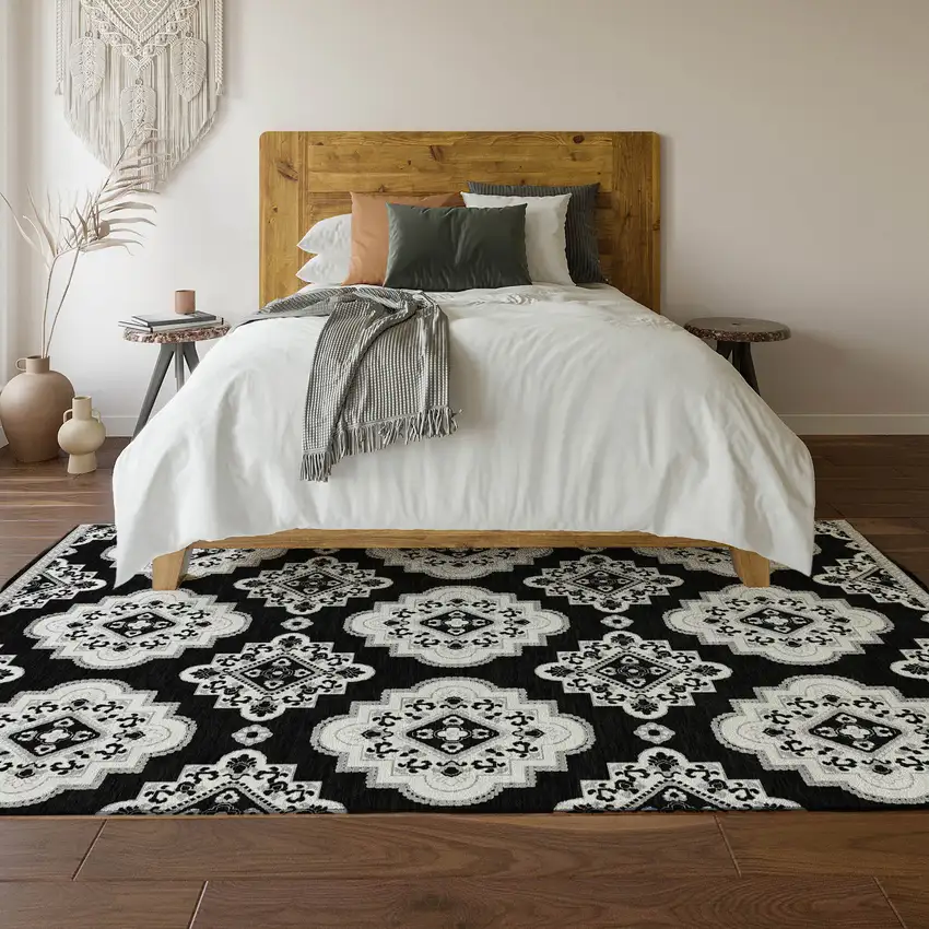 Black And Ivory Medallion Washable Area Rug With UV Protection Photo 4