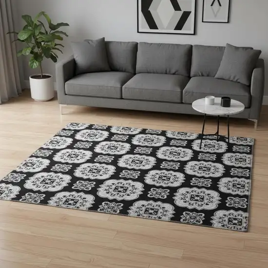 Black And Ivory Medallion Washable Area Rug With UV Protection Photo 2