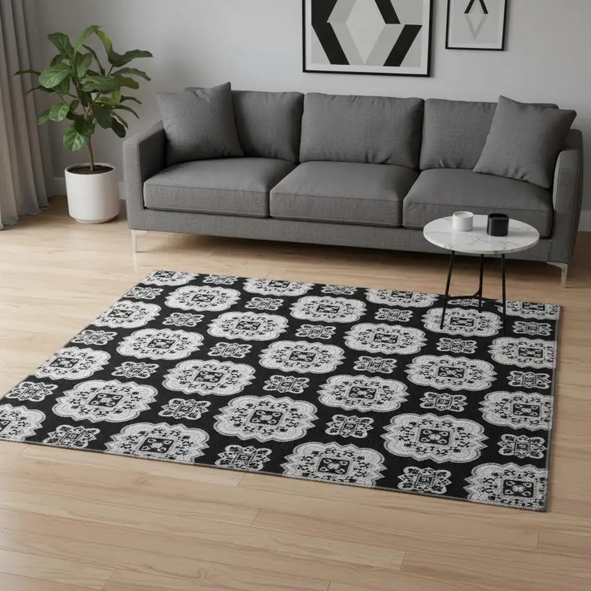 Black And Ivory Medallion Washable Area Rug With UV Protection Photo 2