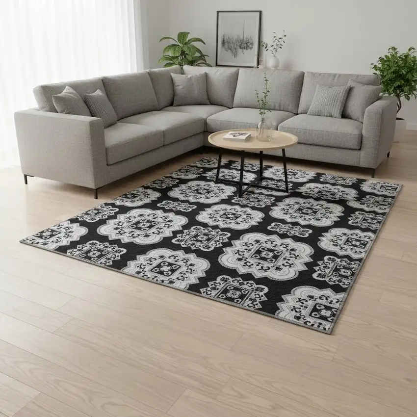 Black And Ivory Medallion Washable Area Rug With UV Protection Photo 2
