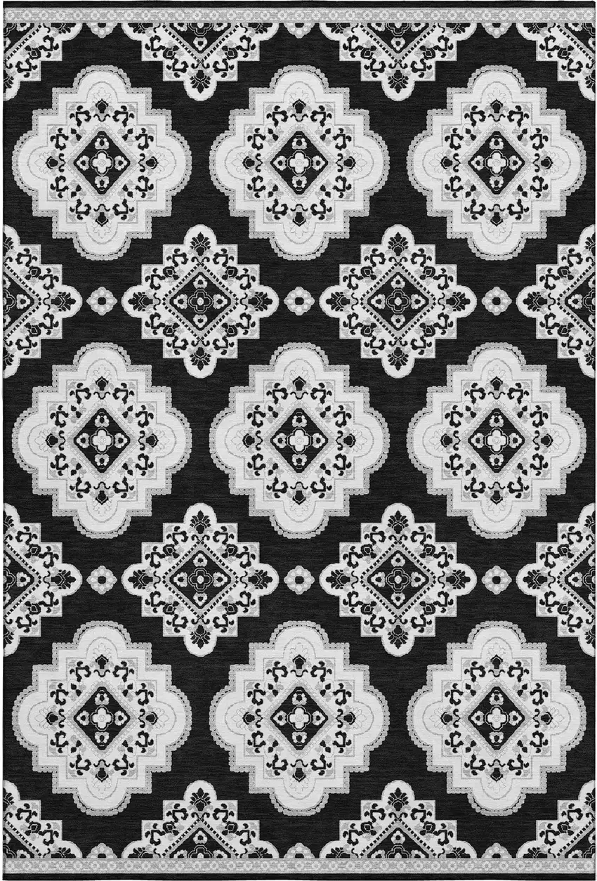 Black And Ivory Medallion Washable Area Rug With UV Protection Photo 6