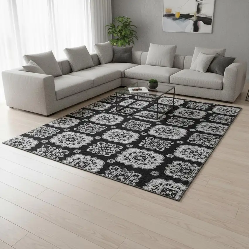 Black And Ivory Medallion Washable Area Rug With UV Protection Photo 2
