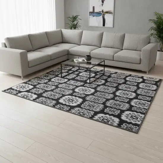 Black And Ivory Medallion Washable Area Rug With UV Protection Photo 2