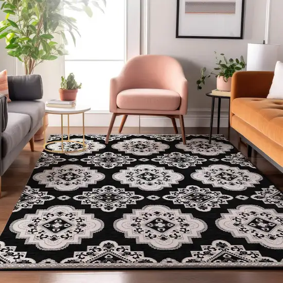 Black And Ivory Medallion Washable Area Rug With UV Protection Photo 3