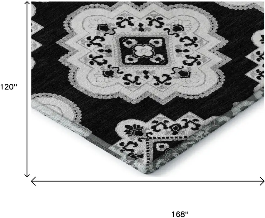 Black And Ivory Medallion Washable Area Rug With UV Protection Photo 9