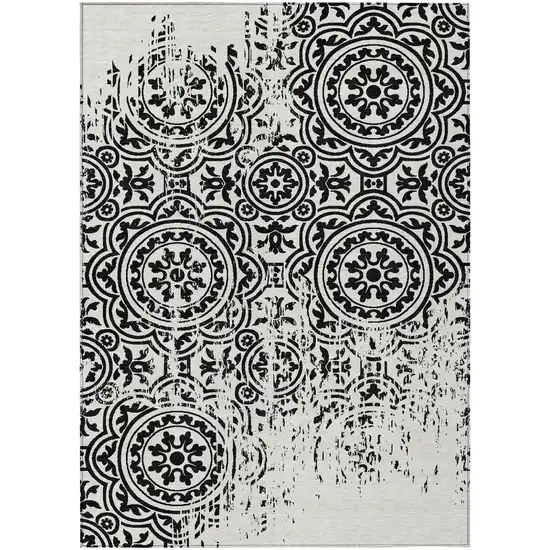 Black And Ivory Medallion Washable Indoor Outdoor Area Rug Photo 1