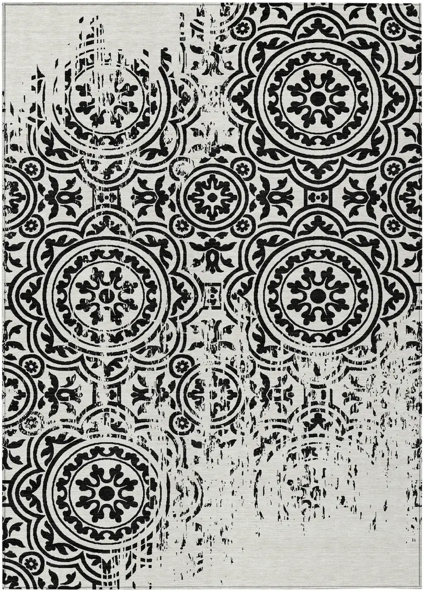 Black And Ivory Medallion Washable Indoor Outdoor Area Rug Photo 1