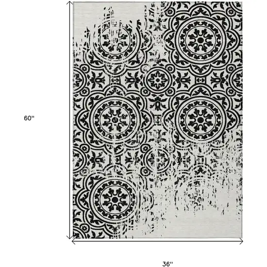 Black And Ivory Medallion Washable Indoor Outdoor Area Rug Photo 7