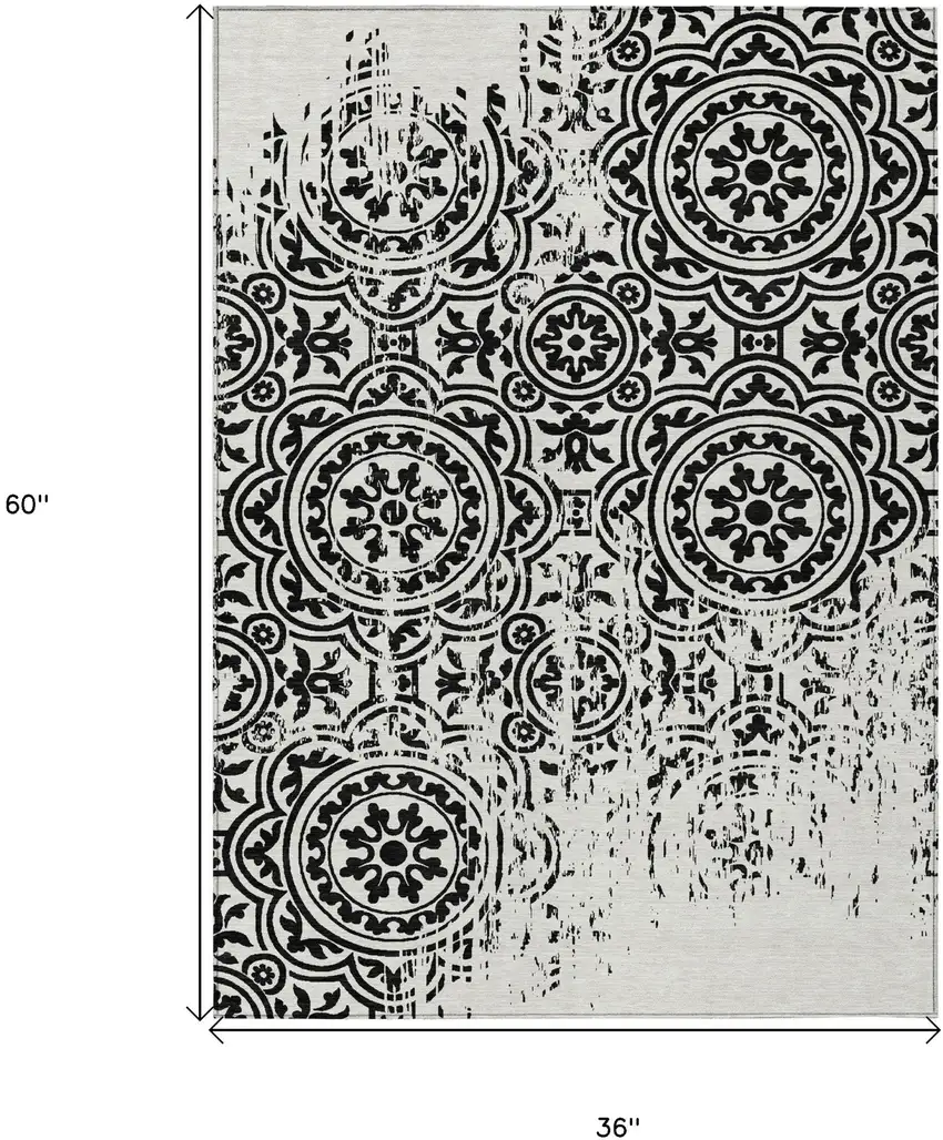 Black And Ivory Medallion Washable Indoor Outdoor Area Rug Photo 7