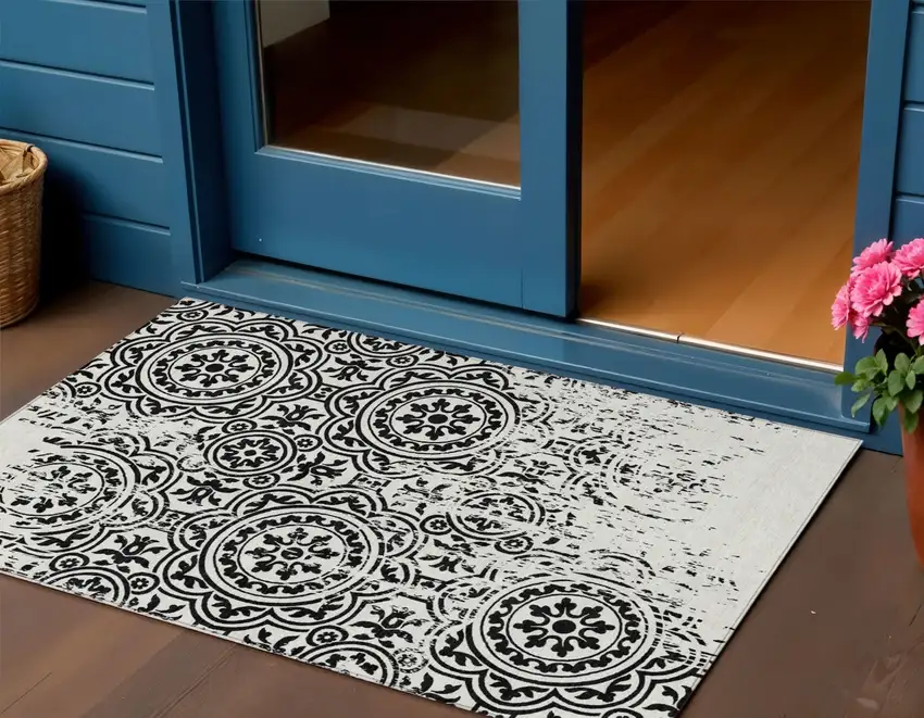 Black And Ivory Medallion Washable Indoor Outdoor Area Rug Photo 1