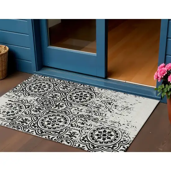 Black And Ivory Medallion Washable Indoor Outdoor Area Rug Photo 1