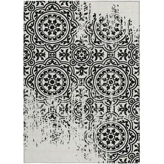 Black And Ivory Medallion Washable Indoor Outdoor Area Rug Photo 5