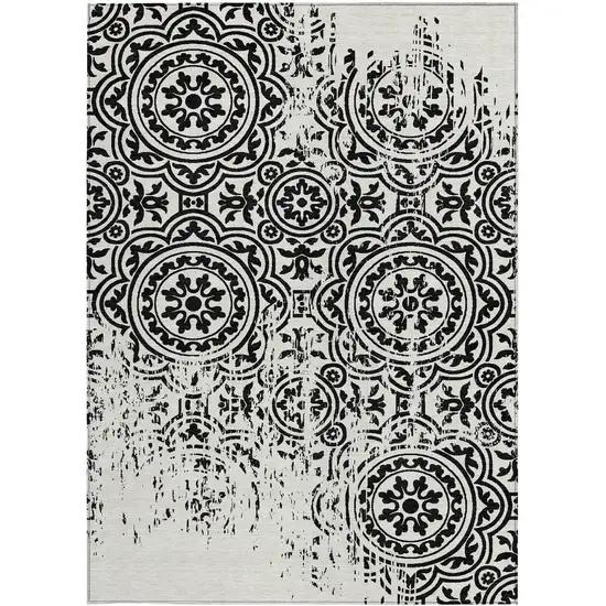 Black And Ivory Medallion Washable Indoor Outdoor Area Rug Photo 5