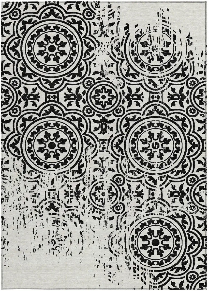 Black And Ivory Medallion Washable Indoor Outdoor Area Rug Photo 5