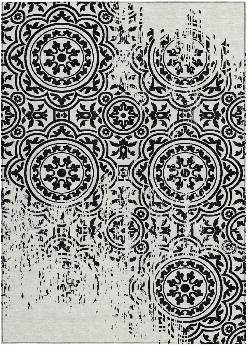 Black And Ivory Medallion Washable Indoor Outdoor Area Rug Photo 6