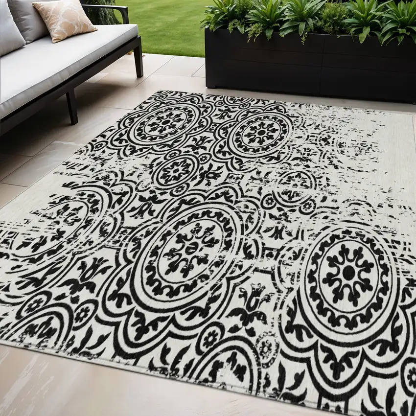 Black And Ivory Medallion Washable Indoor Outdoor Area Rug Photo 1