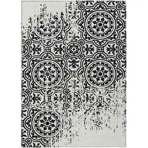 Photo of Black And Ivory Medallion Washable Indoor Outdoor Area Rug