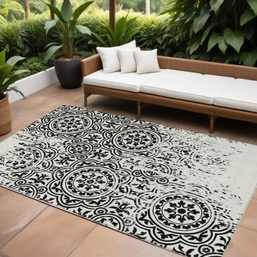 Black And Ivory Medallion Washable Indoor Outdoor Area Rug Photo 1