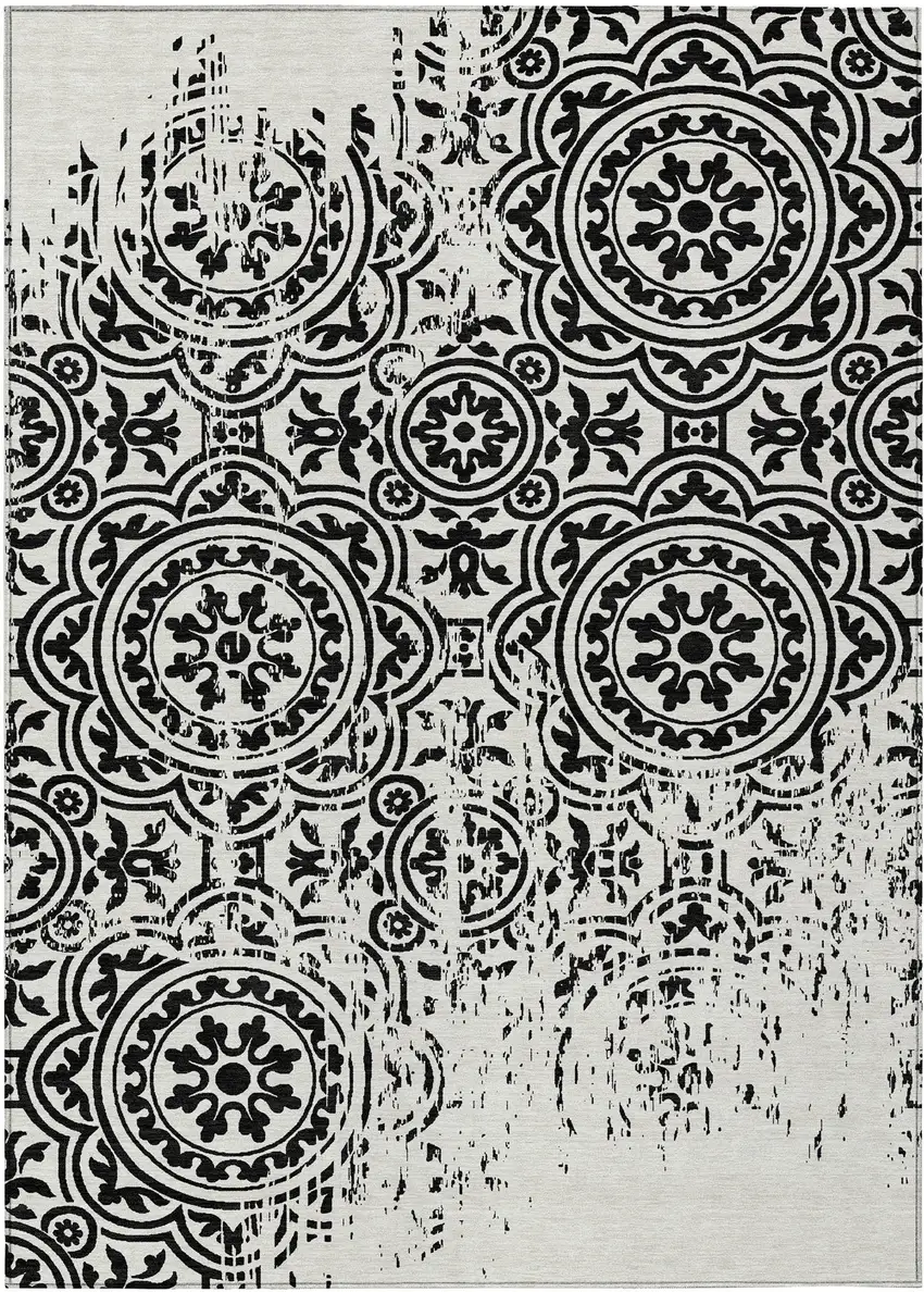 Black And Ivory Medallion Washable Indoor Outdoor Area Rug Photo 1