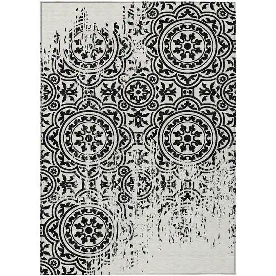 Black And Ivory Medallion Washable Indoor Outdoor Area Rug Photo 1