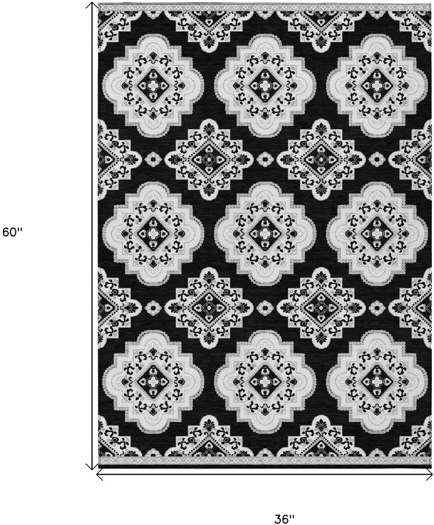 Black And Ivory Medallion Washable Indoor Outdoor Area Rug Photo 3