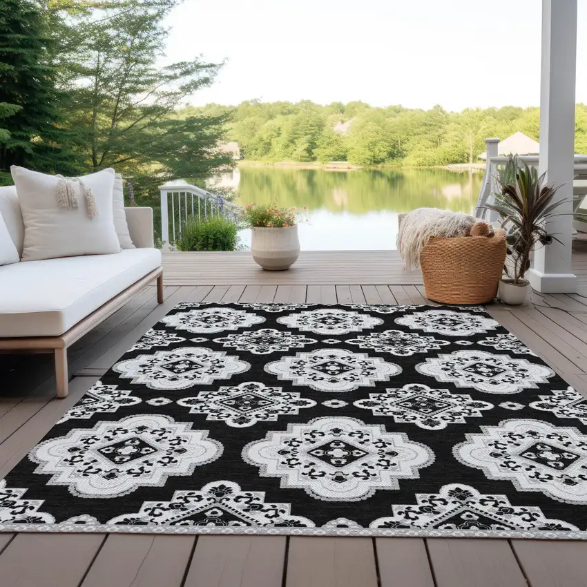 Black And Ivory Medallion Washable Indoor Outdoor Area Rug Photo 8