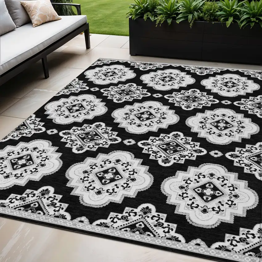 Black And Ivory Medallion Washable Indoor Outdoor Area Rug Photo 1