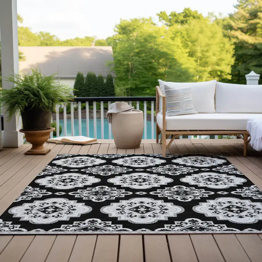 Black And Ivory Medallion Washable Indoor Outdoor Area Rug Photo 9