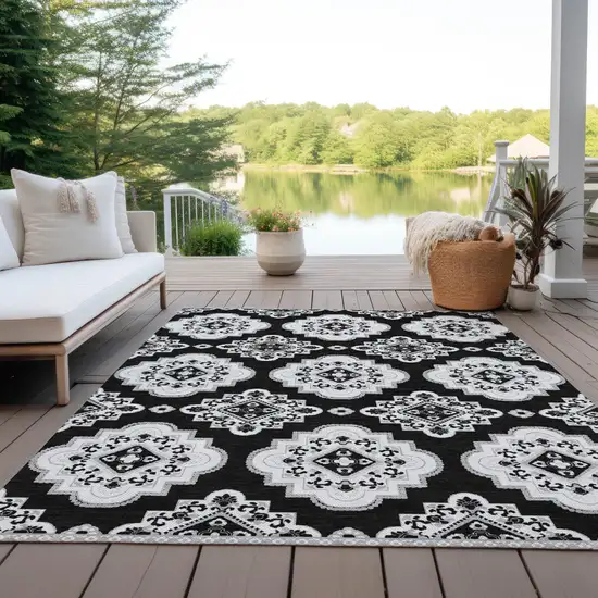 Black And Ivory Medallion Washable Indoor Outdoor Area Rug Photo 7