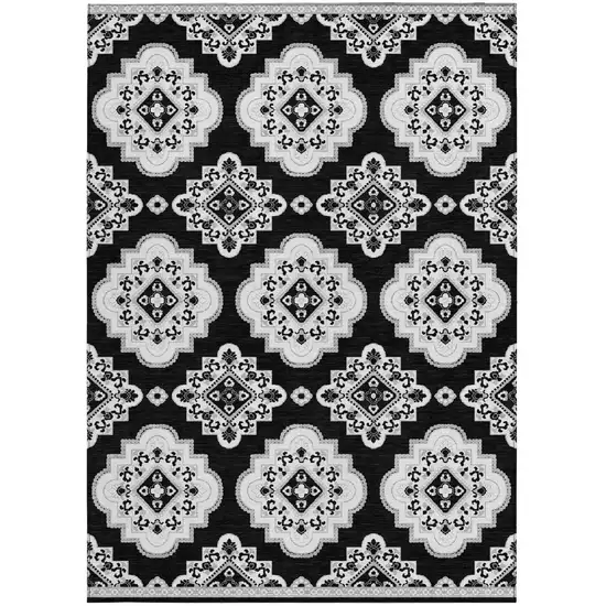 Black And Ivory Medallion Washable Indoor Outdoor Area Rug Photo 6