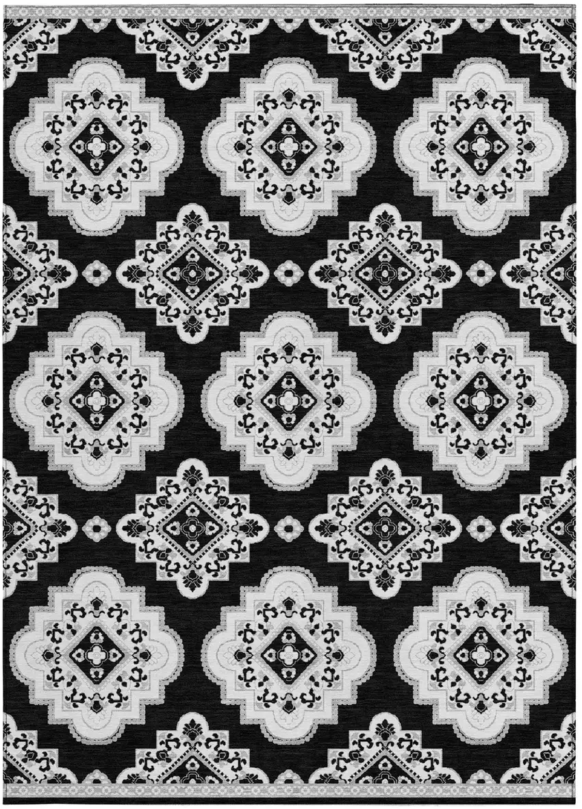 Black And Ivory Medallion Washable Indoor Outdoor Area Rug Photo 6