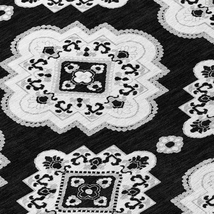 Black And Ivory Medallion Washable Indoor Outdoor Area Rug Photo 7