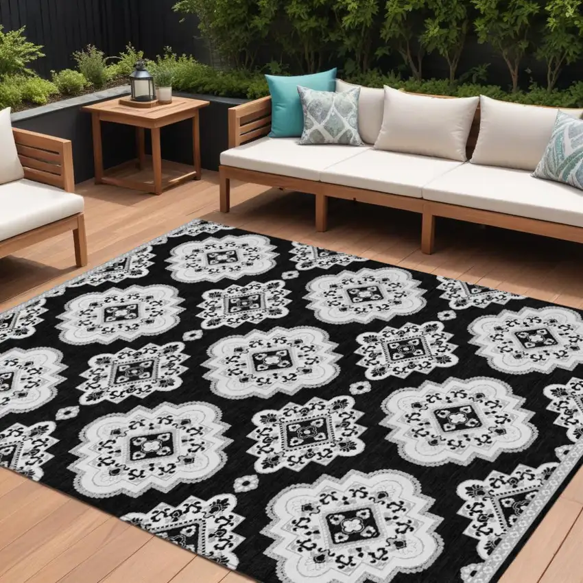 Black And Ivory Medallion Washable Indoor Outdoor Area Rug Photo 1