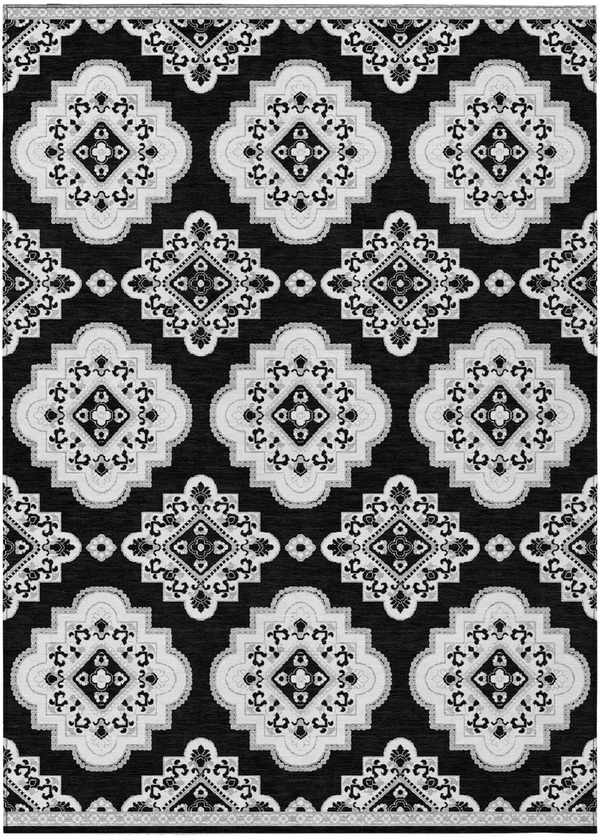Black And Ivory Medallion Washable Indoor Outdoor Area Rug Photo 2