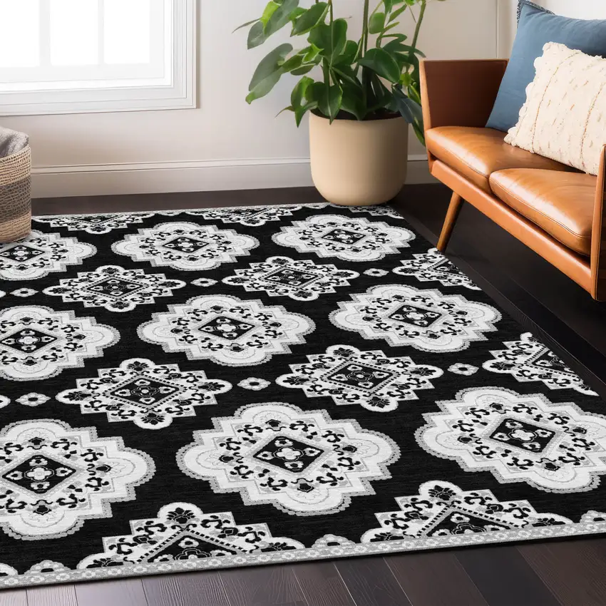 Black And Ivory Medallion Washable Indoor Outdoor Area Rug Photo 8