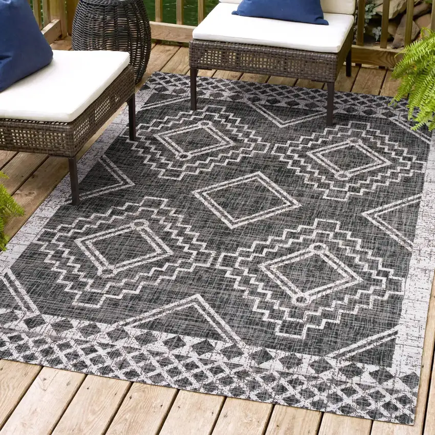Black And Ivory Moroccan Indoor Outdoor Area Rug Photo 9