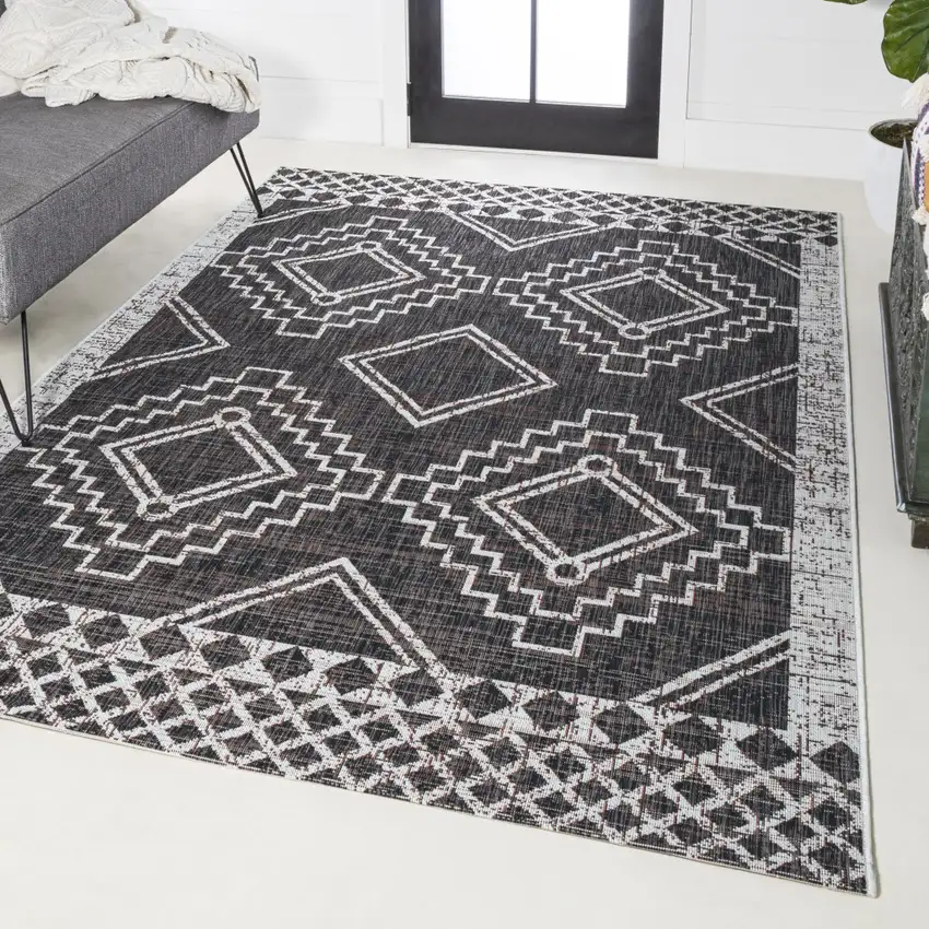Black And Ivory Moroccan Indoor Outdoor Area Rug Photo 5