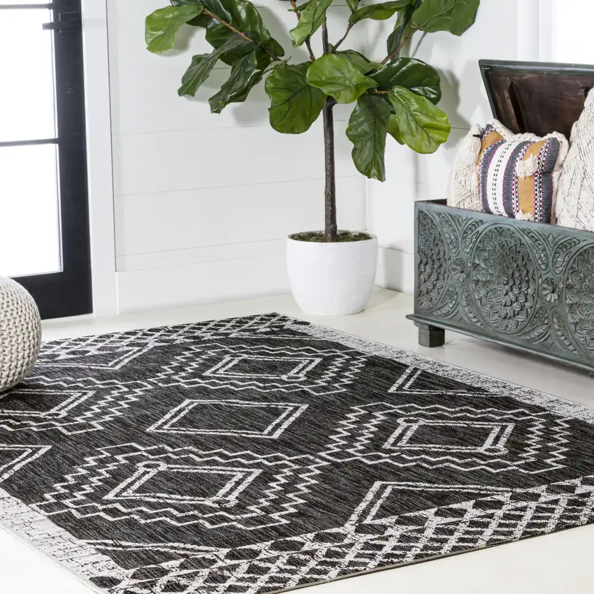 Black And Ivory Moroccan Indoor Outdoor Area Rug Photo 9