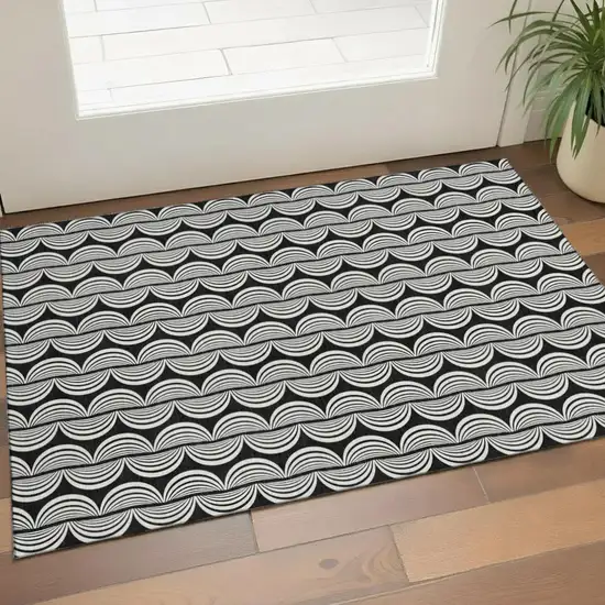 Black And Ivory Ogee Washable Area Rug With UV Protection Photo 1