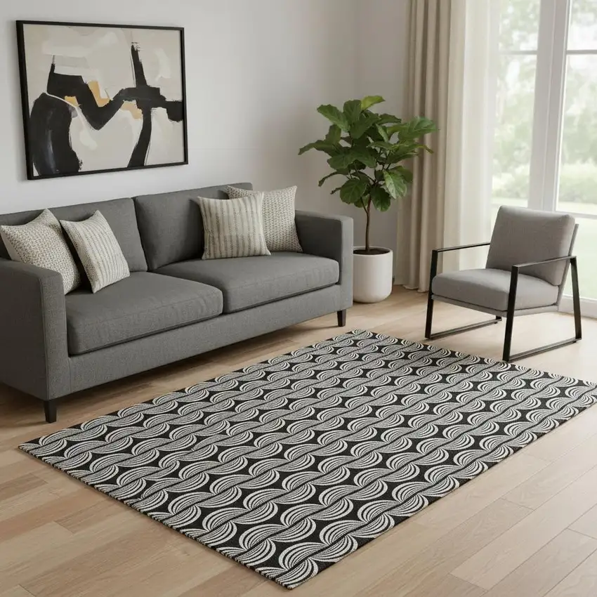 Black And Ivory Ogee Washable Area Rug With UV Protection Photo 2