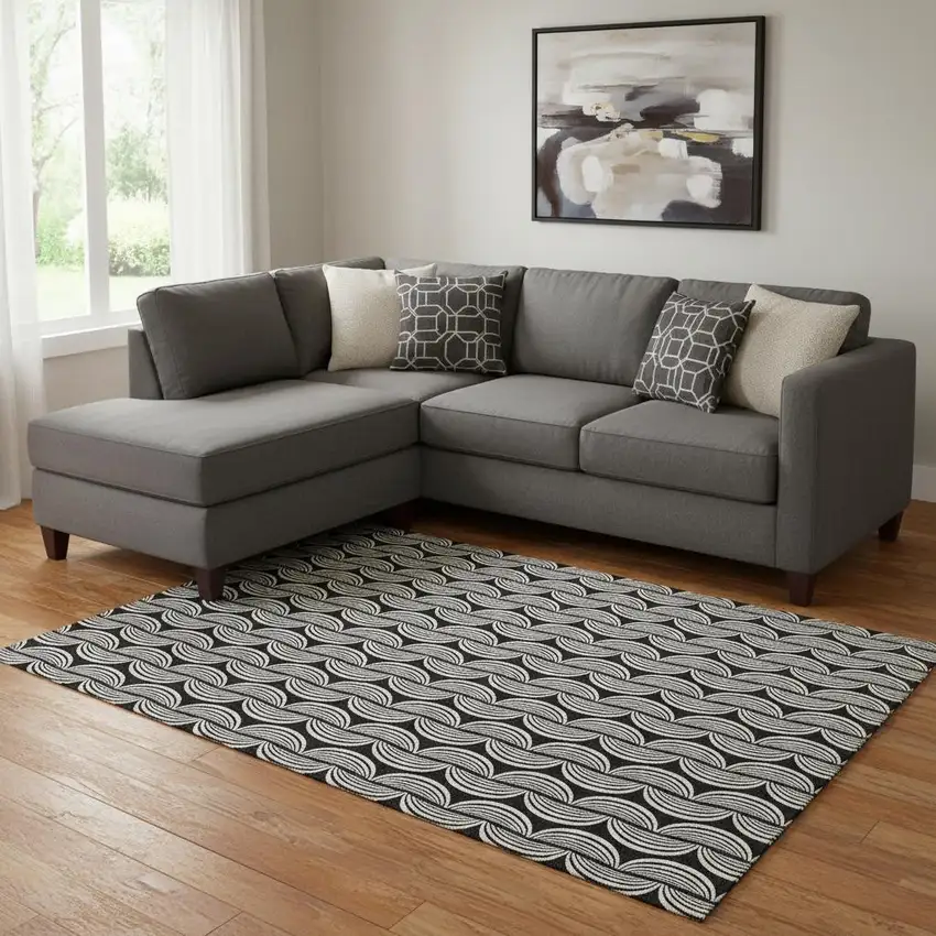 Black And Ivory Ogee Washable Area Rug With UV Protection Photo 2