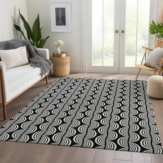 Black And Ivory Ogee Washable Area Rug With UV Protection Photo 5