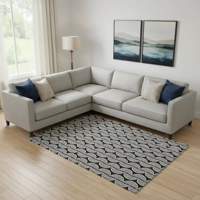 Black And Ivory Ogee Washable Area Rug With UV Protection Photo 2