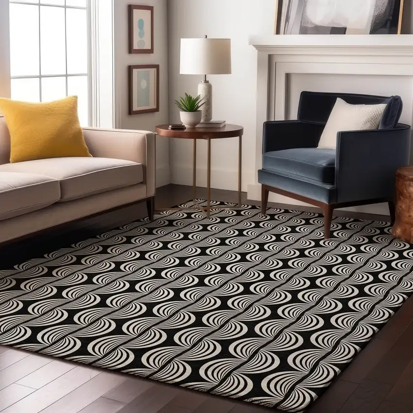 Black And Ivory Ogee Washable Area Rug With UV Protection Photo 3