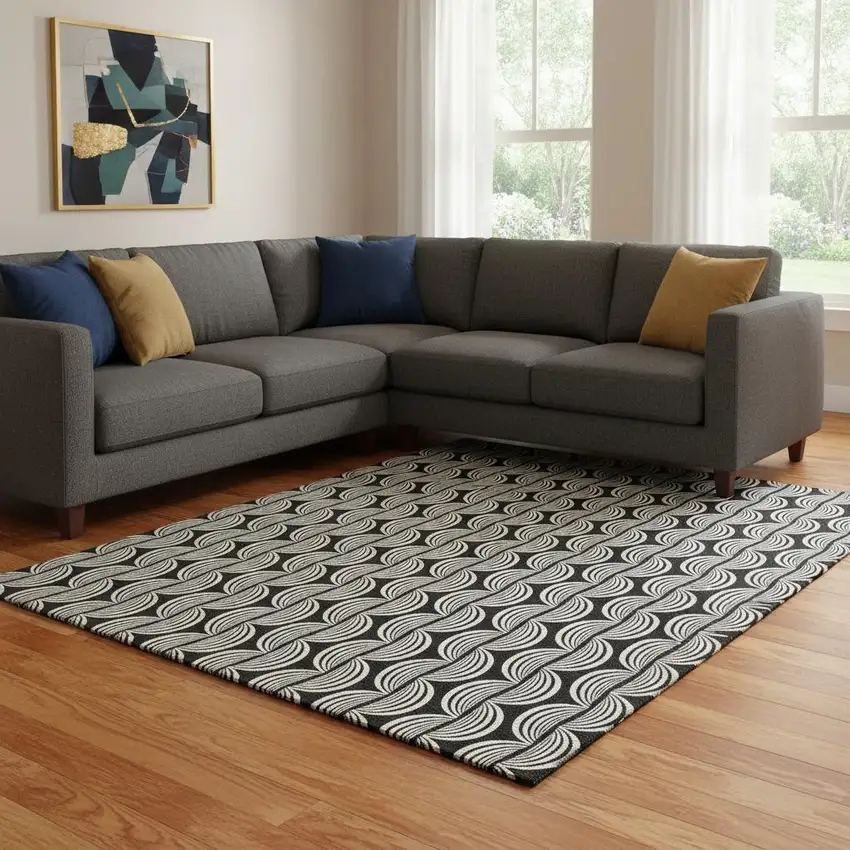 Black And Ivory Ogee Washable Area Rug With UV Protection Photo 2