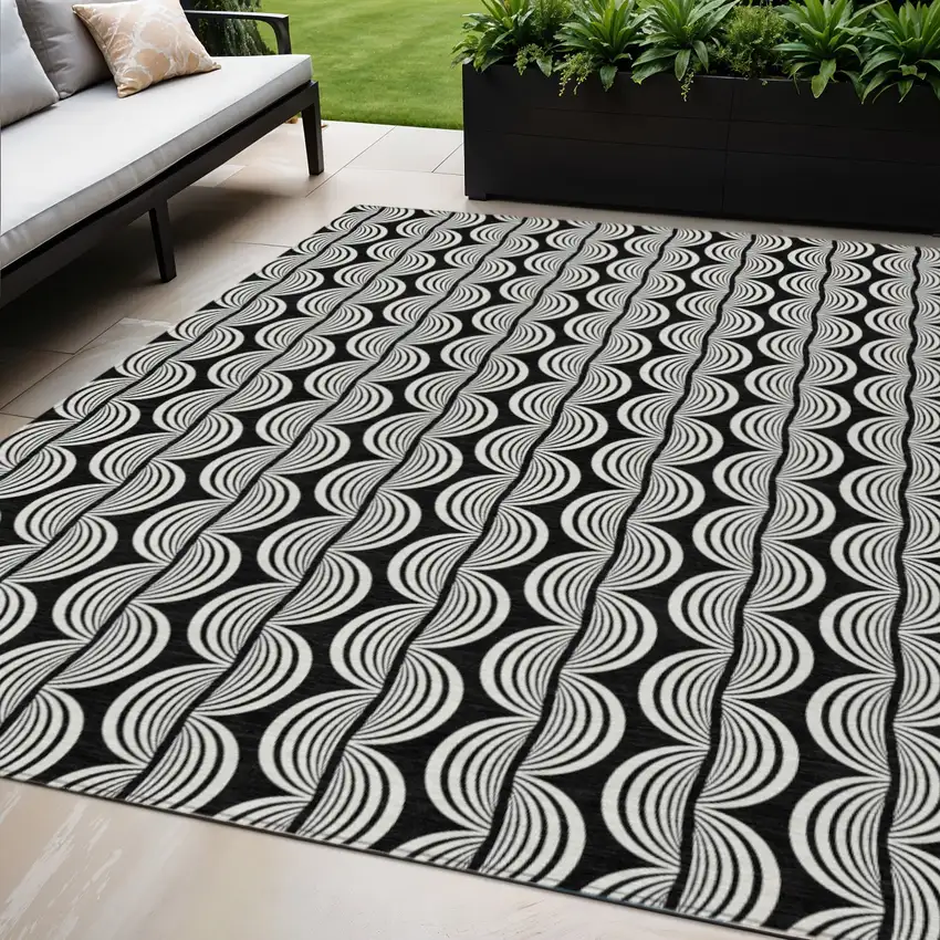 Black And Ivory Ogee Washable Indoor Outdoor Area Rug Photo 1