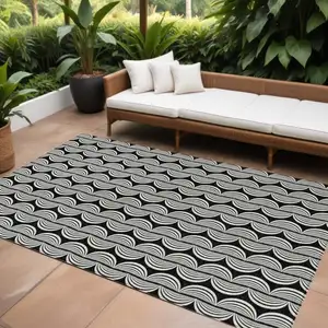 Photo of Black And Ivory Ogee Washable Indoor Outdoor Area Rug