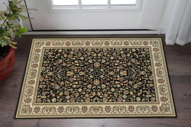 Black And Ivory Oriental Power Loom Stain Resistant Area Rug Photo 5